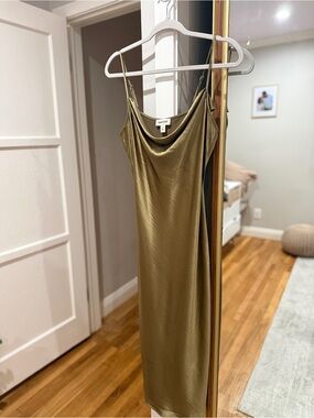 Satin Cowl Midi Dress in Olive Green